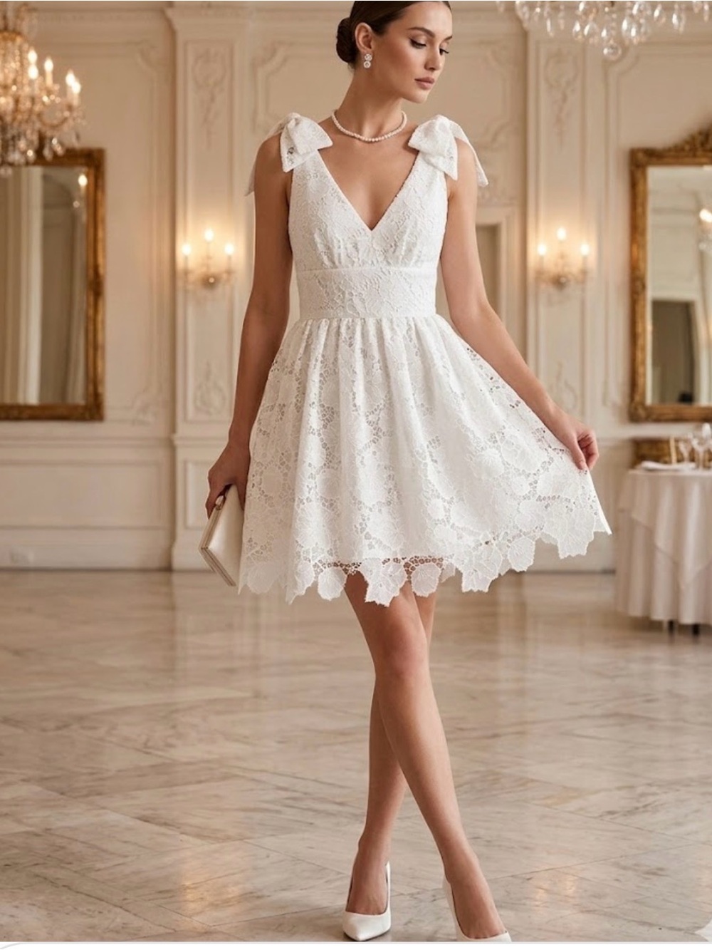 Chic White Lace Bow-Shoulder Mini Dress Size M
